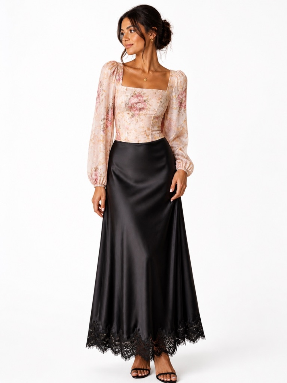 Zara XL Brown Maxi Satin Skirt Lace Trim Elastic Waist